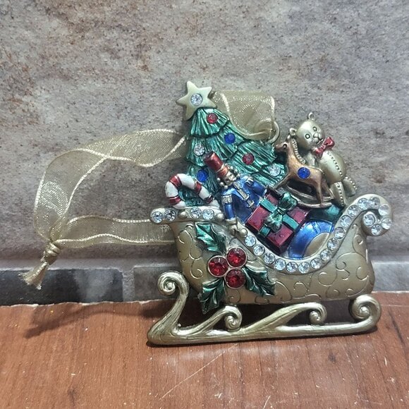 Vintage Santa Sleigh Loaded with Gifts Metal Ornament - Picture 1 of 8